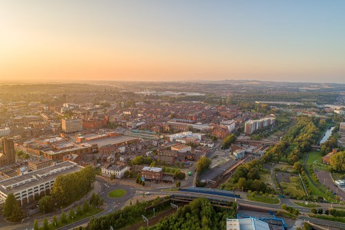 Satellite photo of St Helens town centre at sunset